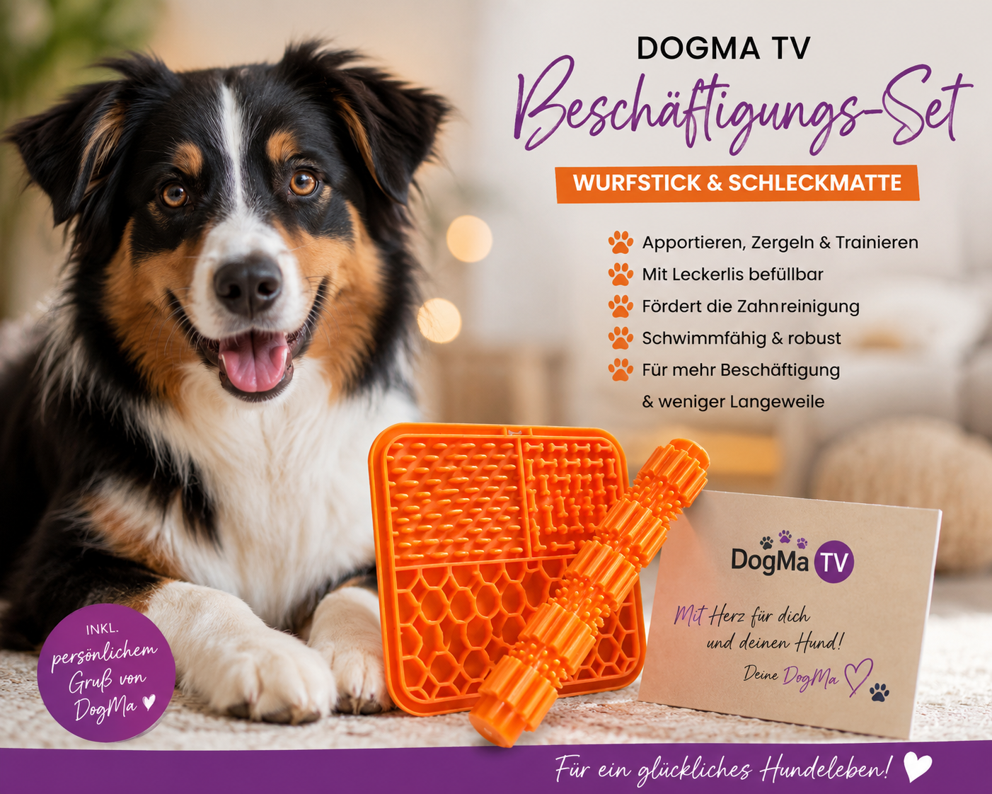 🧡 DogMa TV Beschäftigungs-Set – Wurfstick & Schleckmatte