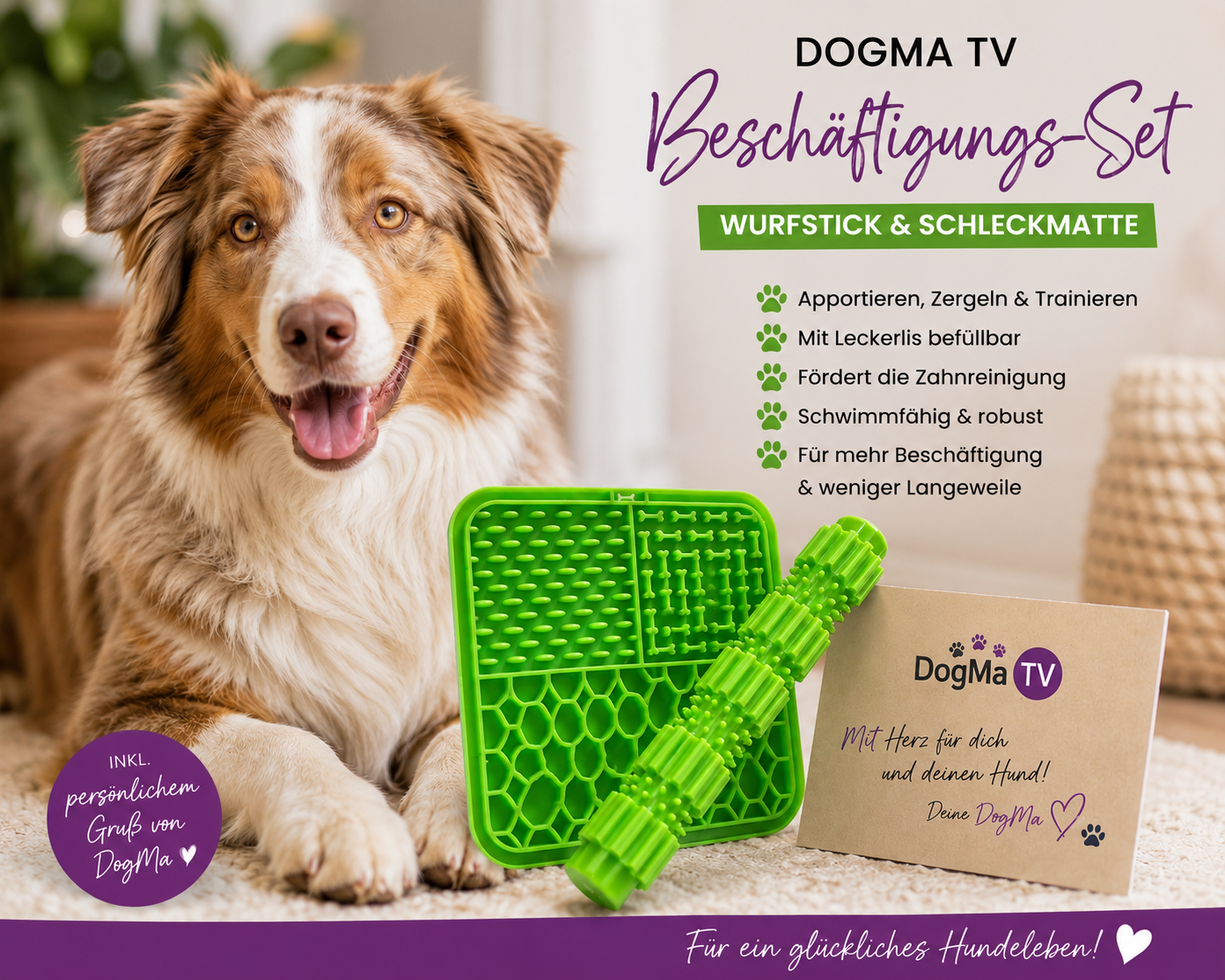 💚 DogMa TV Beschäftigungs-Set – Wurfstick & Schleckmatte