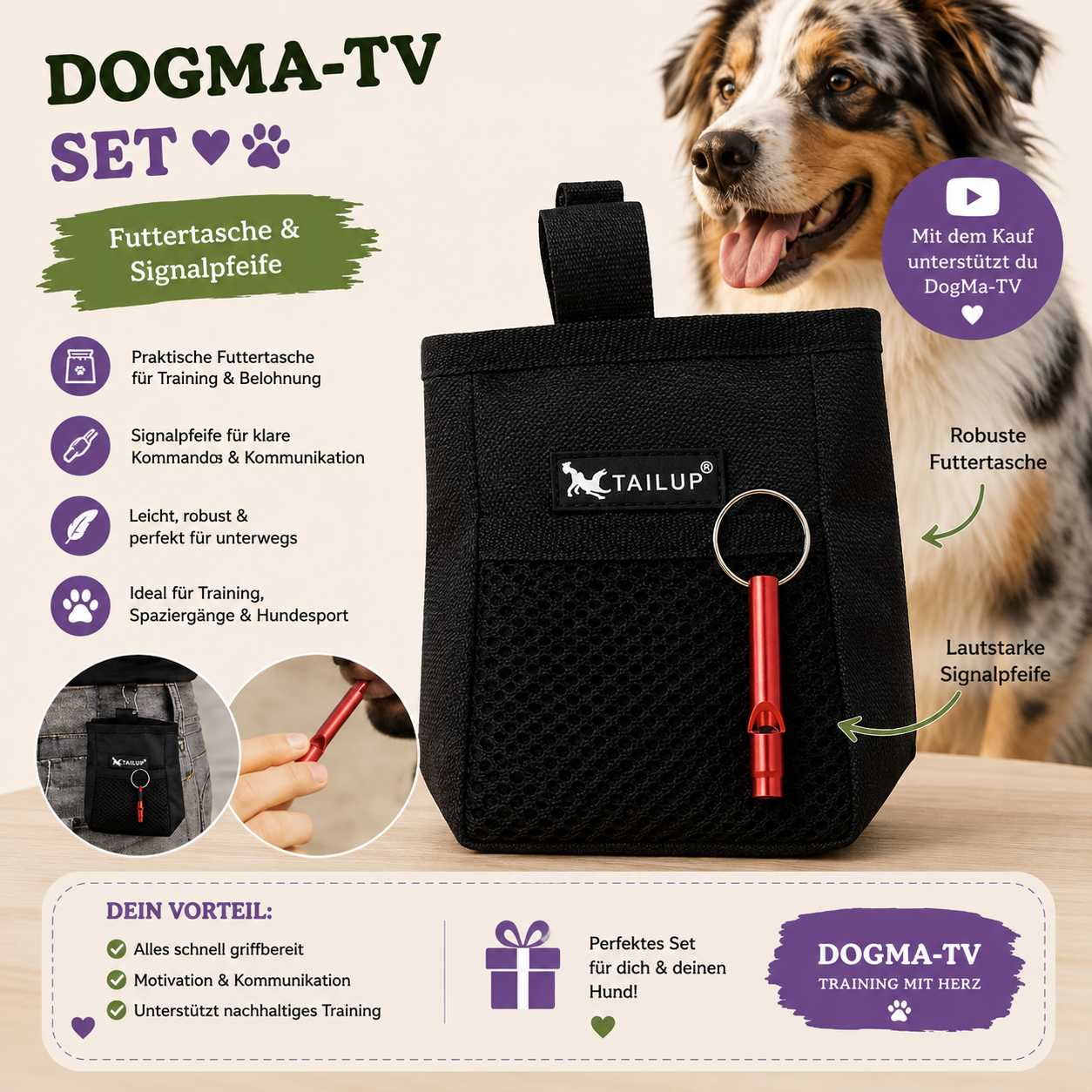 🎯 DogMa TV Trainings-Set – Futtertasche & Signalpfeife 🐾